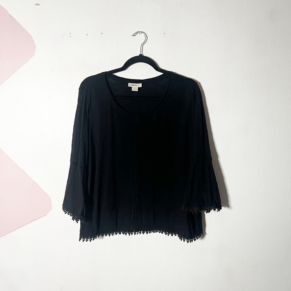 100% Cotton Peasant Top Large Petite Black Bell Sleeve Boho Cottagecore